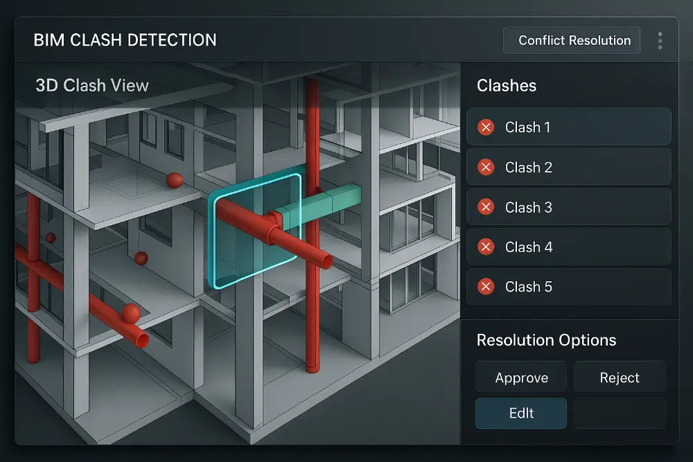 BIM clash detection interface identifying conflicts between building systems BIM clash detection interface identifying conflicts between building systems