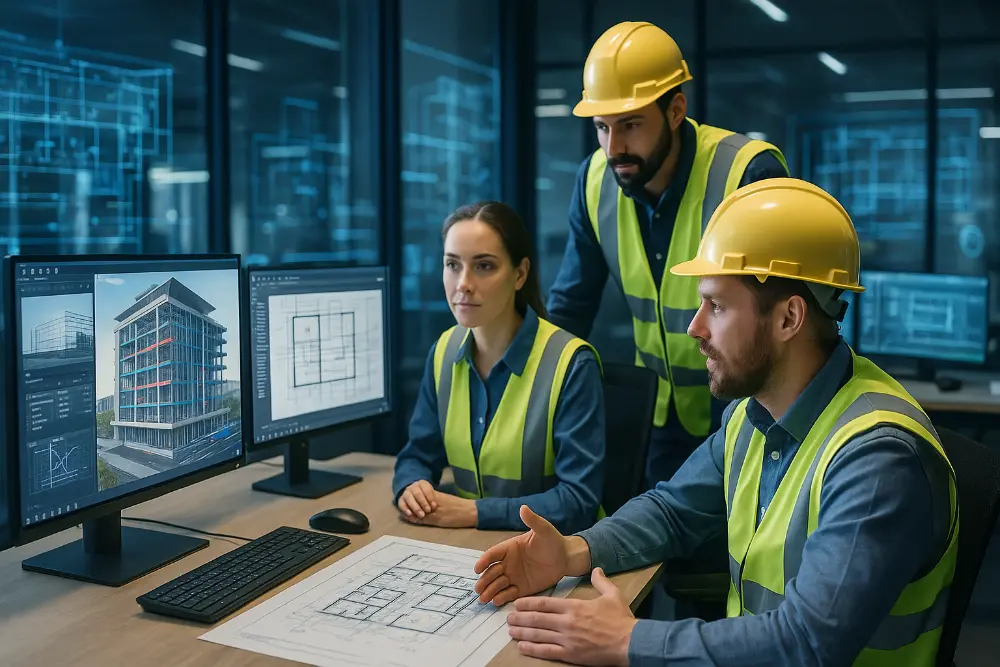 Construction professionals collaborating on BIM coordination and project planning Construction professionals collaborating on BIM coordination and project planning